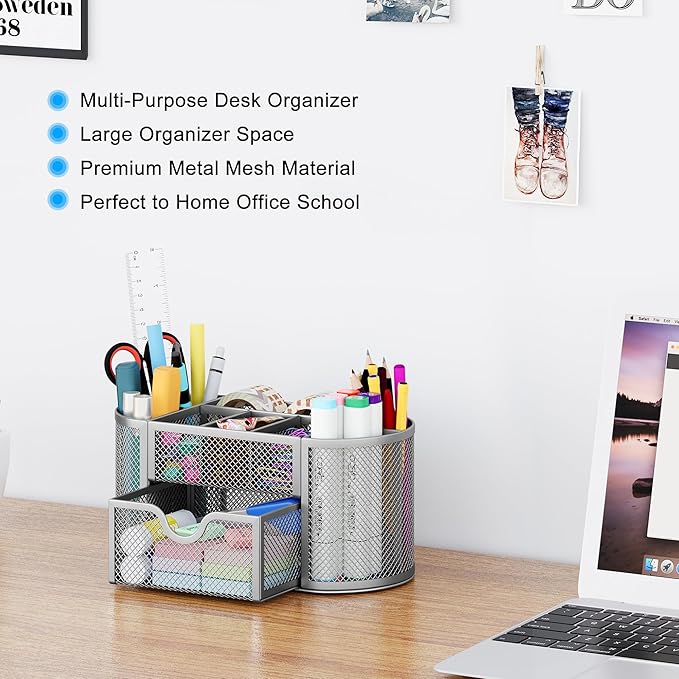 EasyPAG Mesh Desk Organizer, Multi-functional Stationery Organizer for School Supplies, Office Pen Holder for Desk, 9 Compartments Dorm Organization with Drawer, Silver
