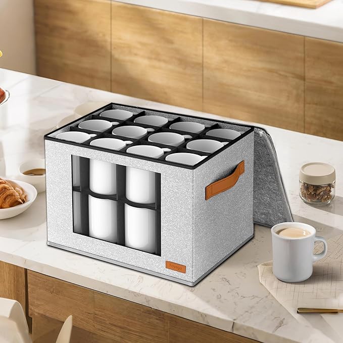 2-Layer Coffee Mug Storage Box with Dividers, Cup Storage Organizer with Zipper Lid and Handles, Stackable China Storage Containers Service for 24 Mugs, Cups and Glasses, Light Grey-NeatNest