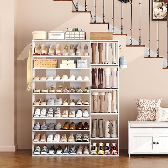 HOMEFORT 10 Tiers Shoe Rack, 50 Pairs Large Shoe Shelf, 61.8" Tall Shoe Tower, Freestanding Shoe Rack Organizer with Open Shelves, Wood Shoe Stand for Boot Storage, for Closet, Entryway, White-NeatNest