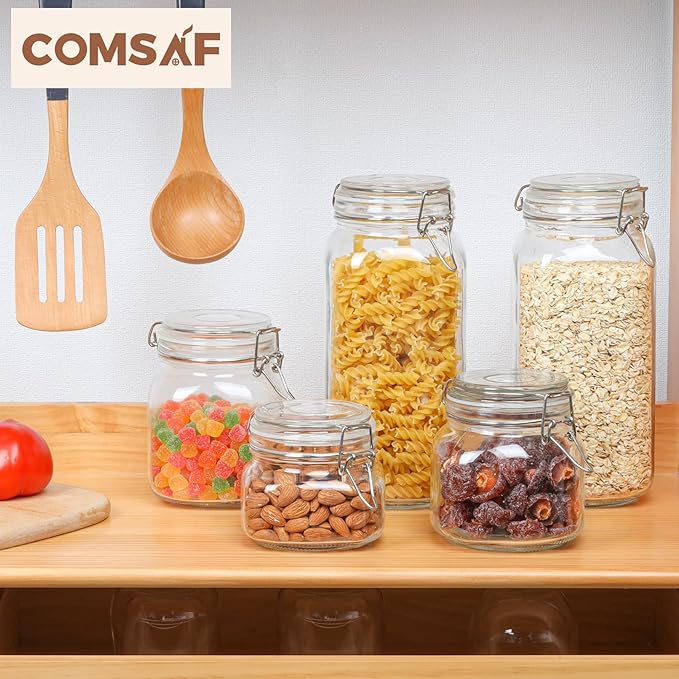 ComSaf Airtight Glass Canister Set of 3 with Lids 78oz Food Storage Jar Square - Storage Container with Clear Preserving Seal Wire Clip Fastening for Kitchen Canning Flour, Cereal, Pasta, Sugar, Beans-NeatNest