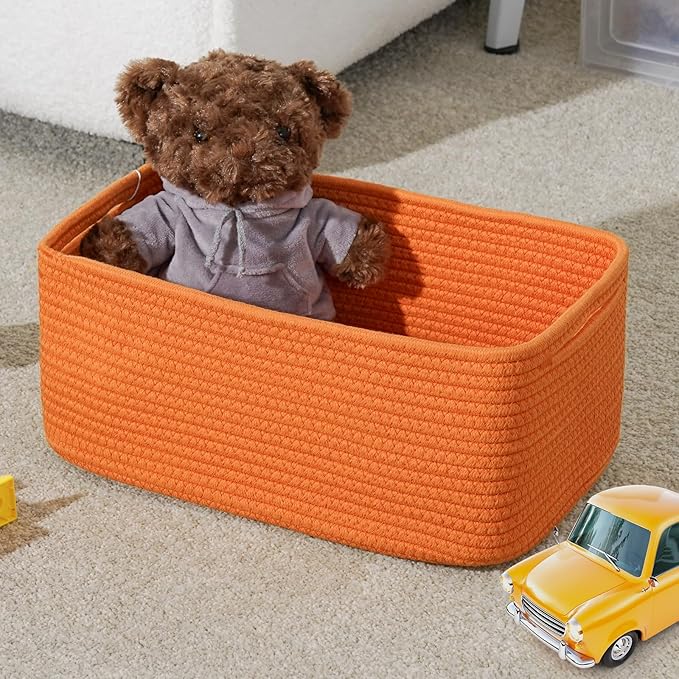 3-Pack Small Storage Baskets for Organizing | Woven Shelf Toy Basket | Rope Baskets for Gifts Empty | Closet Organizer Bins with Handles | Cube Decorative Box | 11.8×7.8×5.1” | Orange-NeatNest