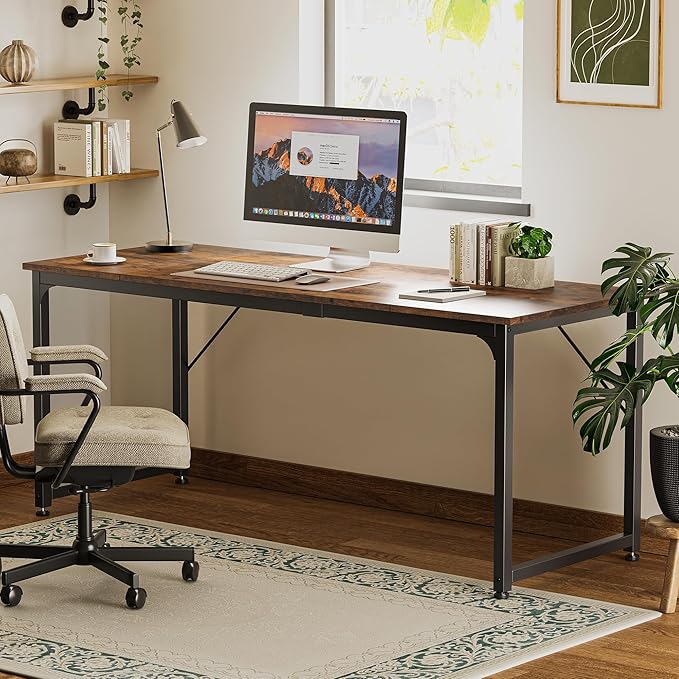 Huuger Computer Desk, 70 Inch Office Desk, Gaming Desk with Storage, Writing Desk Work Desk for Home Office, Study, Long Simple Desk, Large Legroom, Metal Frame, Rustic Brown-NeatNest
