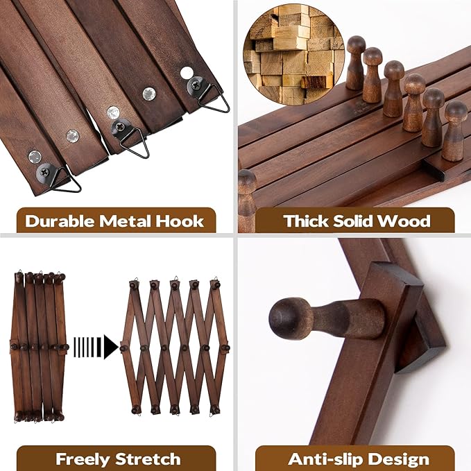 Hat Rack for Wall, Expandable Wall Hat Holder with 16 Hooks, 16 inch Wooden Wall Hook for Baseball Caps,Cowboy, Bag,Hoodie(Brown)-NeatNest