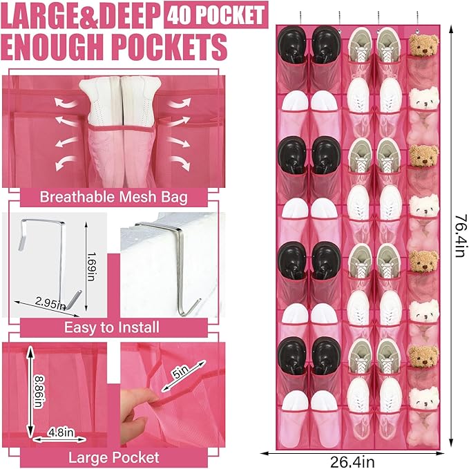 Windyun 40 Over the Door Shoe Organizer Large Mesh Pocket Hanging Shoe Rack for Closet Rose Red Nonslip Behind Door Storage Holder Back to School Organizer for Dorm Room College Classroom Storage-NeatNest