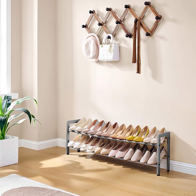 FAVOOSTY 2-Tier Expandable Shoe Rack, Adjustable Shoe Shelf Storage Organizer Space Saving Metal Free Standing Shoe Rack for Entryway Closet Doorway, Silver Grey-NeatNest