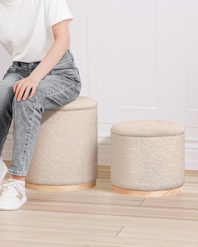 B FSOBEIIALEO Storage Ottoman Round Boucle Ottomans with Tray, Set of 2 Teddy Foot Rest Ottoman Cube with Storage for Living Room , Apricot 15"x15"x16.9"