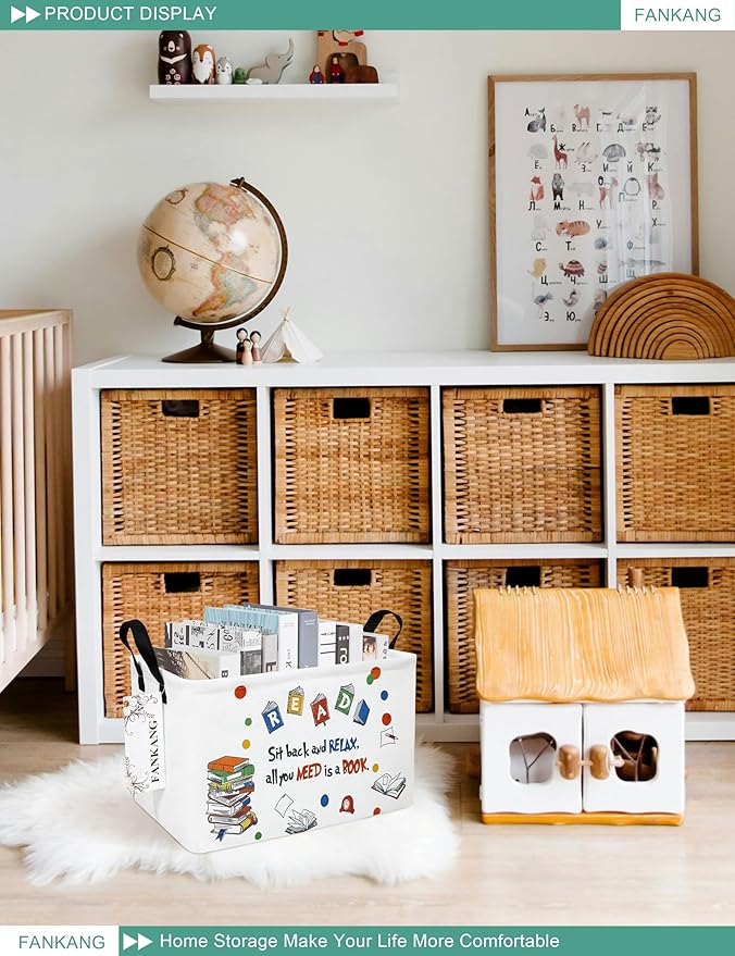 FANKANG Storage Bins, Nursery Hamper Canvas Laundry Basket Foldable with Waterproof PE Coating Large Storage Baskets for Kids Boys and Girls, Office, Bedroom, Clothes,Toys(Rec-Reading ）