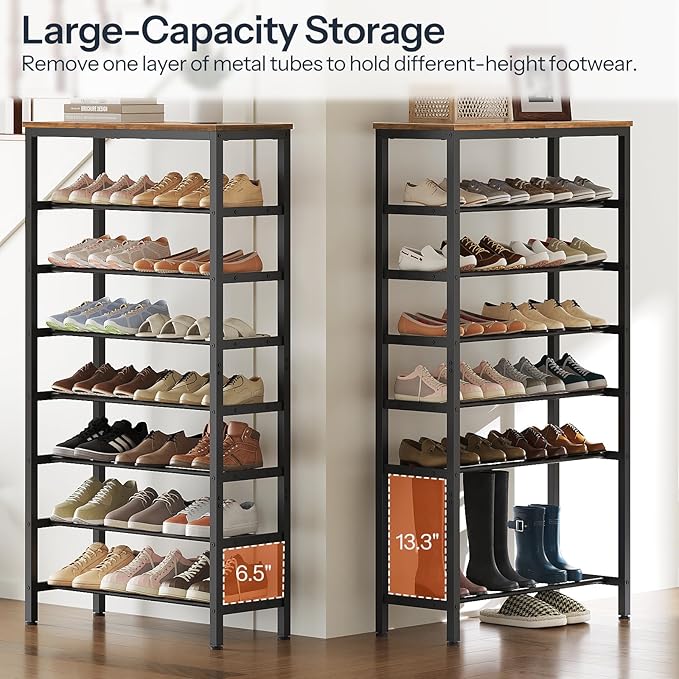 8 Tier Tall Shoe Rack, Large-Capacity Shoe Storage Organizer, Free Standing Shoe Shelf for Closet, Adjustable Metal Shoe Racks Organizer for 32 Pairs of Shoes, Rustic Brown and Black SS78BR-NeatNest