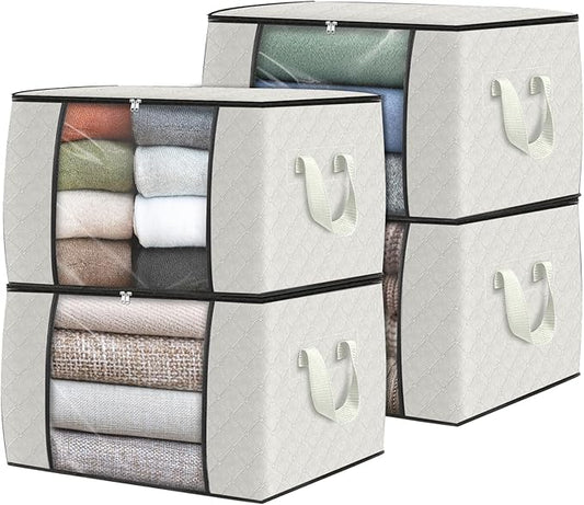 Fab totes 4 Pack Clothes Storage, Foldable Thick Fabric Blanket Storage Bags, Containers for Organizing Bedroom, Closet, Clothing, Comforter,Organization with Handle,Ivory White-NeatNest