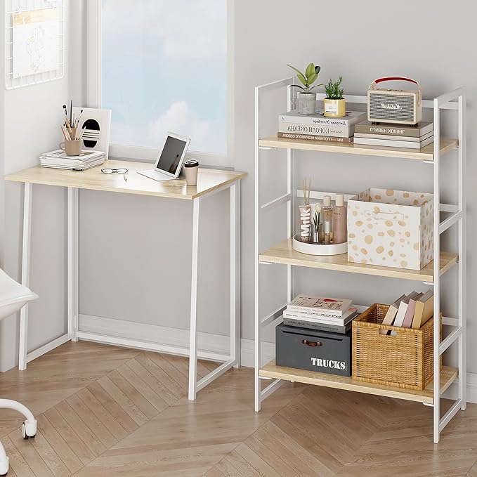 BHG Vintage Multifunctional Folding Bookshelf, No-Assembly Plant Stand Storage Rack Shelves for Home Office (White, 3-Tier)-NeatNest