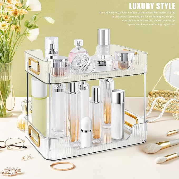 2-Tier Bathroom Counter Organizer Countertop Storage, Dresser Organizer Vanity Tray for Makeup, Perfume Organizer Cosmetics Skincare Shelf - Clear-NeatNest