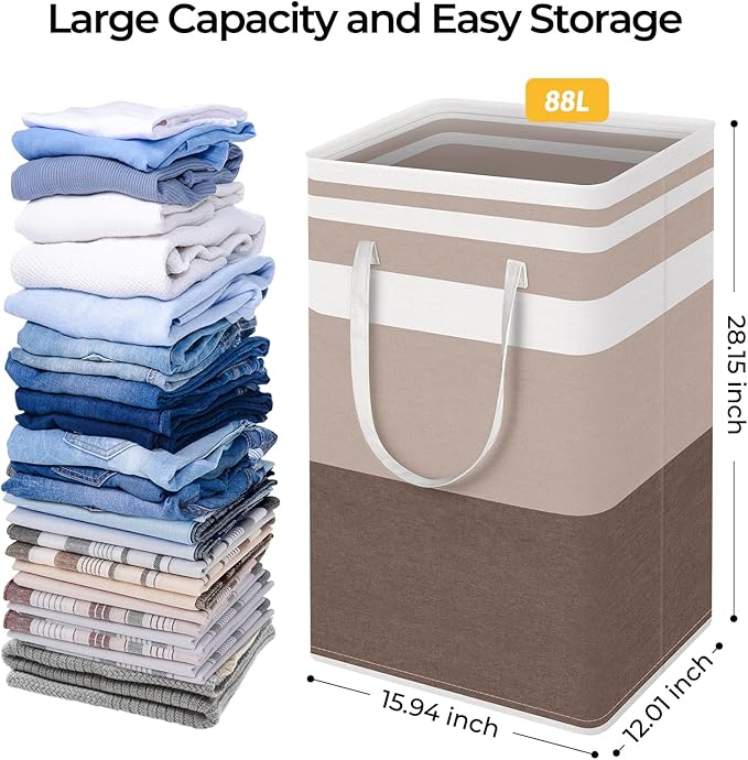 HomeHacks 2-Pack Large Laundry Basket, Waterproof, Freestanding Laundry Hamper, Collapsible Tall Clothes Hamper with Extended Handles for Clothes Toys in the Dorm and Family (Brown, 88L)-NeatNest