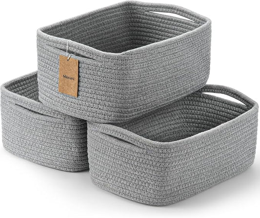 3-Pcs Shelf Baskets for Organizing, Closet Organizer Bins, Small Woven Baskets, Rope Toy Basket, Storage Basket for Shelves, Cube Decorative Box, 11.8×7.8×5.1”, Grey-NeatNest