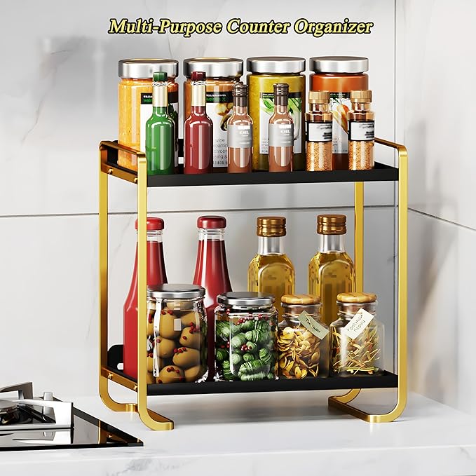 2-Tier Black and Gold Carbon Steel Bathroom Counter Organizer - Skincare Cosmetic Display Tray for Perfume, Makeup, Bathroom, and Vanity Storage - Modern Countertop Organizer and Vanity Decor