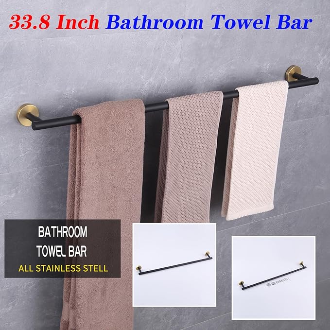 GERZWY Stainless Steel 33 Inch Towel Bar Black Towel Rack Wall Mounted Towel Rail Towel Rod for Bathroom (Black & Gold) AG1101C85-BD