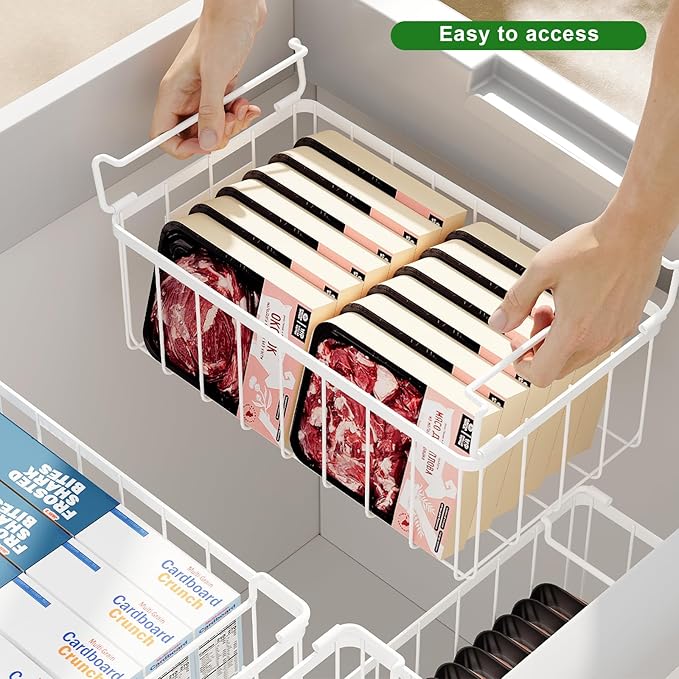 Freezer Storage Organize Baskets - 8 Pack Stackable Deep Freezer Organizer Bins for Most 7 Cu.FT Chest Freezer with Handles, Sturdy but Light, Metal Coated, Add Space, Easy to Reach