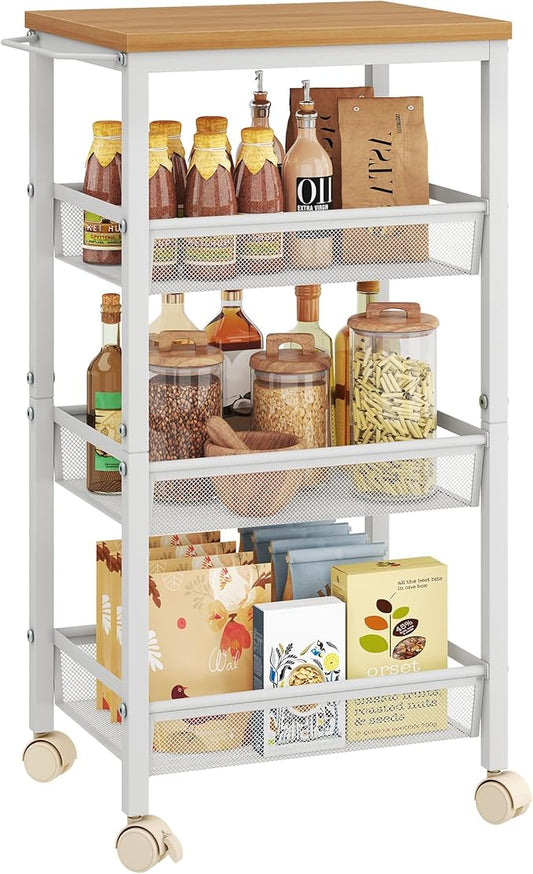 Hoctieon Rolling Storage Cart, 4-Tier Wide Panel Rolling Kitchen Storage Cart, Utility Cart with Handle & Wheels, Mobile Shelving Unit, Metal Frame Narrow Cart for Home Kitchen, Laundry, Oak Beige