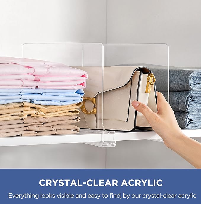 HBlife 1 Pack Clear Shelf Dividers, Vertical Purse Organizer for Closet Perfect for Sweater, Shirts, Handbags in Bedroom and Kitchen, Adjustable Acrylic Bookshelf for Organization-NeatNest