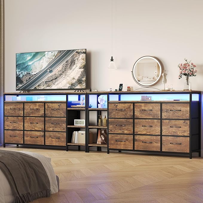 60 inch TV Stand Dresser for Bedroom with LED Lights & Charging Station, 9 Fabric Drawers, Entertainment Center with Drawers & Open Shelves for Living Room, Bedroom, Rustic Brown-NeatNest