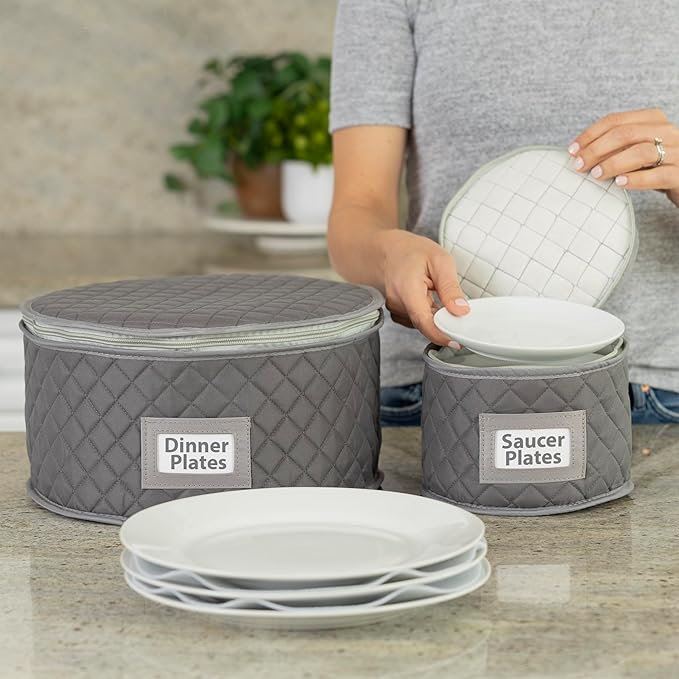 China Storage Case - Saucer or Small Plate Quilted Case - 7" diameter x 6" height - Gray - Includes 12 Felt Separators -Stackable With Padded Interior - Great for Appetizer Plates-NeatNest