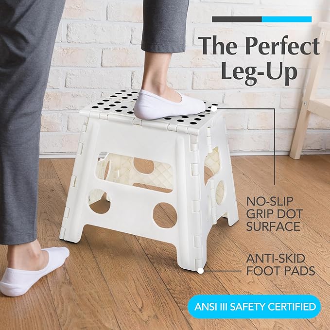 Handy Laundry Folding Lightweight Step Stool - Sturdy Enough to Support Adults and Safe Enough for Kids - Opens Easy with One Flip - Great for Kitchen, Bathroom or Bedroom (White - 13 inch)