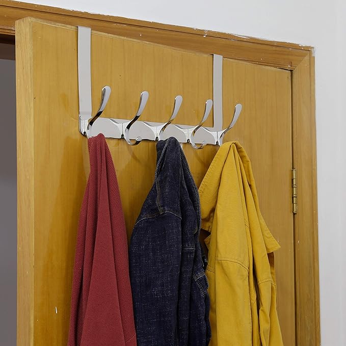 WEBI Over The Door Hook 5 Coat Hooks,Over The Door Towel Rack,Door Hanger Over Door Coat Rack for Hanging Towels,Clothes,Bathroom,Chrome