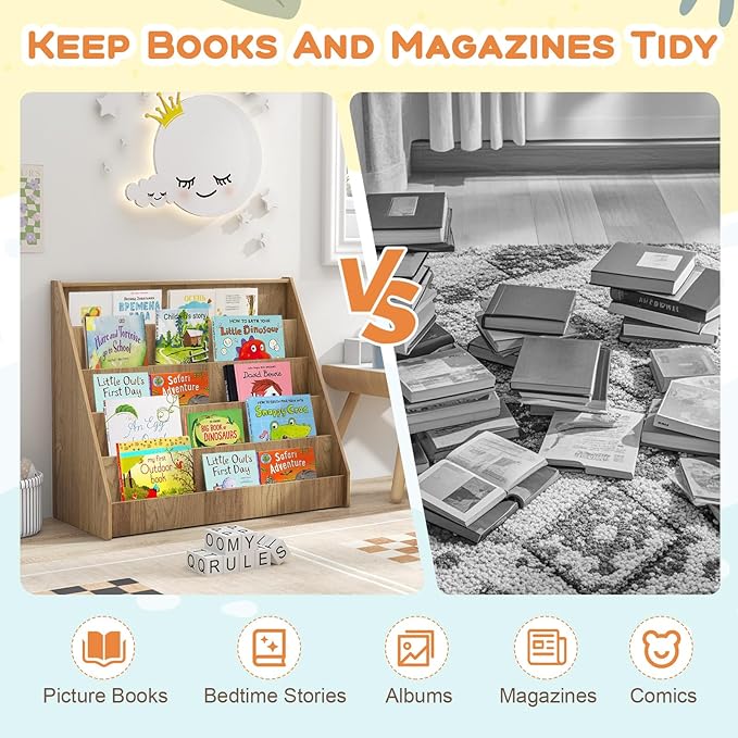 Costzon 5-Tier Kids Bookshelf, Wooden Children Bookcase, Toddler Book Rack, Magazine Storage & Display Shelf, Book Shelf for Kids Room, Living Room, Nursery, Classroom (Natural)-NeatNest