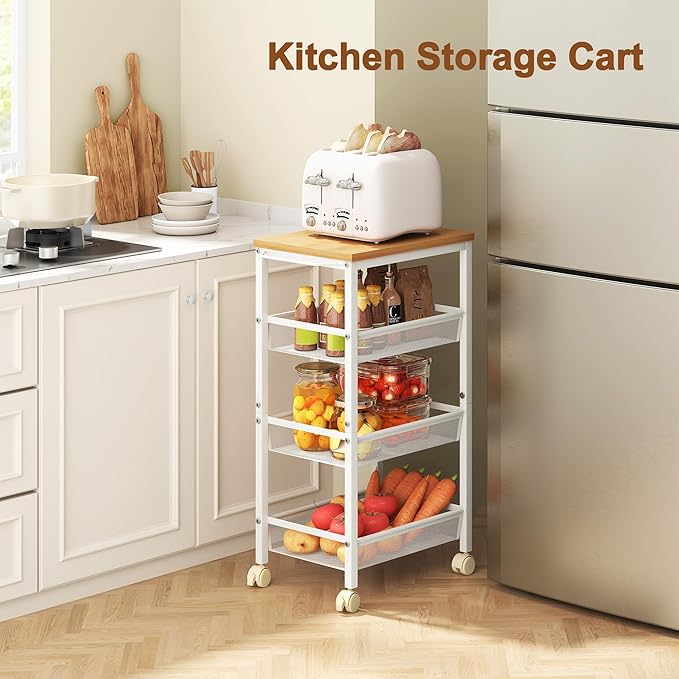 Hoctieon Rolling Storage Cart, 4-Tier Wide Panel Rolling Kitchen Storage Cart, Utility Cart with Handle & Wheels, Mobile Shelving Unit, Metal Frame Narrow Cart for Home Kitchen, Laundry, Oak Beige