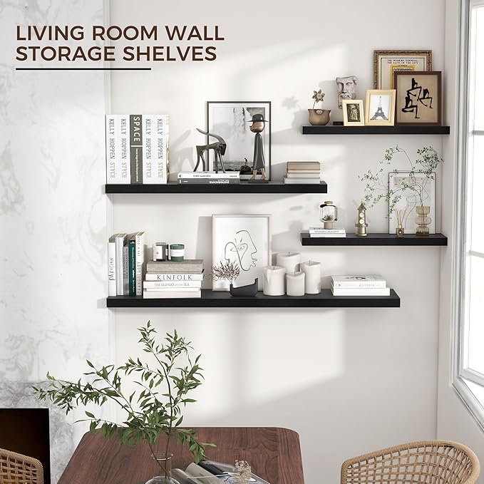 Floating Shelves for Wall, 48"W x 9"D x 1.5"H, 1 Pack of Long Wall Mounted Engineered Wood Shelves with Invisible Brackets for Living Room, Bedroom, Bathroom, Kitchen Decor and Storage, Black-NeatNest
