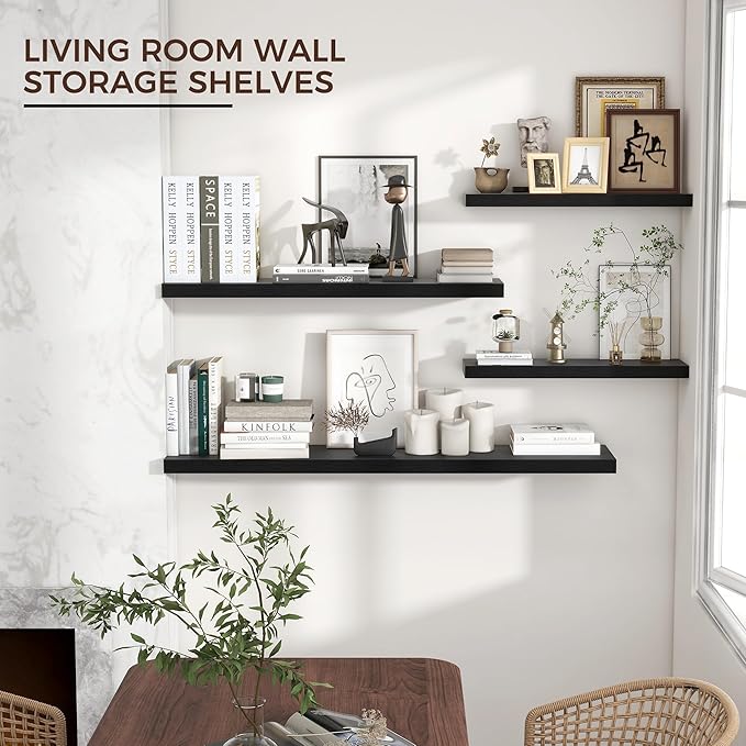 Floating Shelves for Wall, 36"W x 7.8"D x 1.5"H, 2 Pack of Long Wall Mounted Engineered Wood Shelves with Invisible Brackets for Living Room, Bedroom, Bathroom, Kitchen Decor and Storage, Black-NeatNest