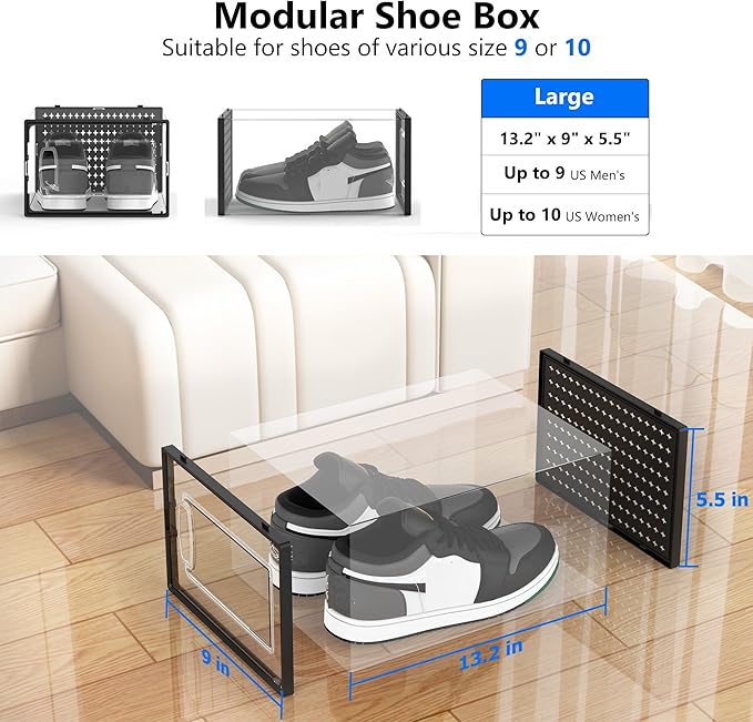 12 Pack Large Modular Clear Plastic Stackable Shoe Storage Organizer for Closet, Space Saving Versatile Sneaker Shoe Rack Containers Bins Holders, Portable Closet Organizers and Storage, Black-NeatNest