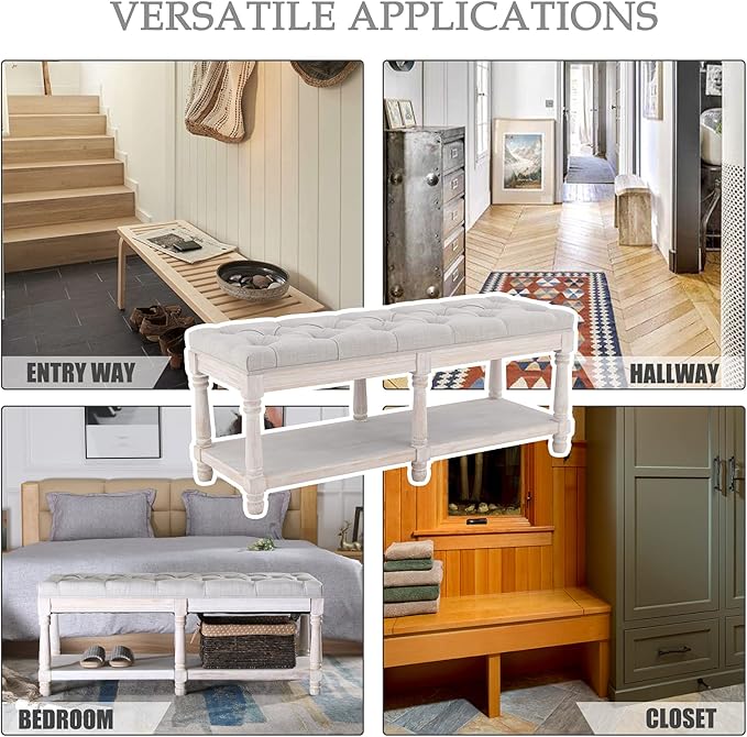 Kmax Storage Entryway Bench Tufted Shoe Rack Bench Wood Window Bench for Hallway Entrance Bedroom Corner, Beige