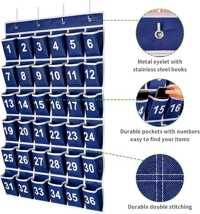 36 Pockets Blue Numbered Classroom Pocket Chart for Cell Phones, Hanging Pocket Chart Storage for Classroom Phone Calculator Holder with 4 Stainless Steel Hooks (Blue-36pockets)-NeatNest