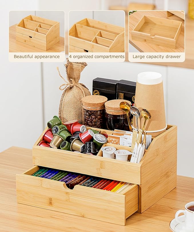 Coffee Bar Organizer Countertop with Drawer, Cafe Station Storage for Bar Accessories,Bamboo Espresso Bar Decor Holder for Bar Decor,Bamboo-NeatNest