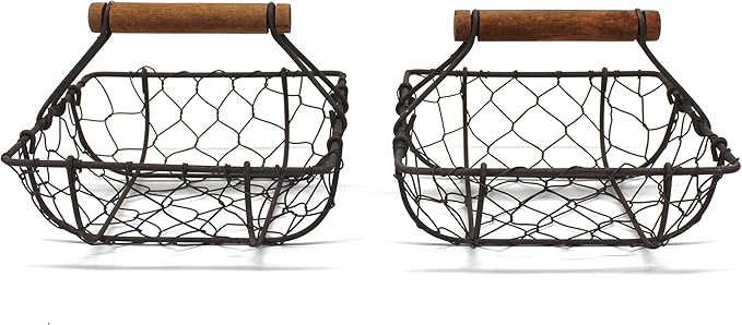 CVHOMEDECO. Chicken Wire Egg Baskets Rust Gathering Baskets with Wooden Handle Country Vintage Style Storage Baskets. Set of 2 (Square)