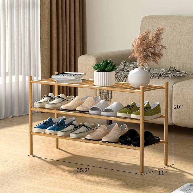 3-Tier Bamboo Long Shoe Rack, Free Standing Wood Shoe Shelf Storage Organizer for Closet Entryway Stackable 35"x11"x20" (Natural)-NeatNest
