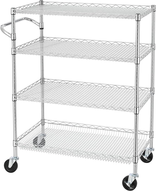 Finnhomy 4 Tier Heavy Duty Commercial Grade Rolling Cart with Handle Bar, Metal Wire Utility Cart with Wheels, Kitchen Service Trolley on Wheels, Shelf Size 18" D x 36" W, NSF, Chrome