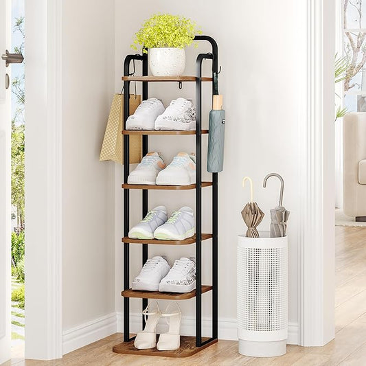 6 Tiers Vertical Shoe Rack, Narrow Shoe Tower, Tall Shoes Shelf with 2 Hooks, Adjustable Shelves, Corner Shoes Shelves for Small Spaces, Entryway, Living Room, Rustic Brown SR04201B-NeatNest