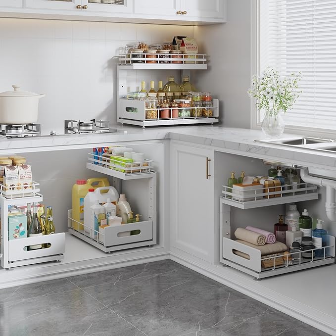1 Pack Under Sink Organizer Upgrade To Professional Rails,2-Tier Dual Pull Out Cabinet Storage,Height Adjustable Slide Out Drawers For Bathroom Kitchen,Under Sink Shelf-White-NeatNest