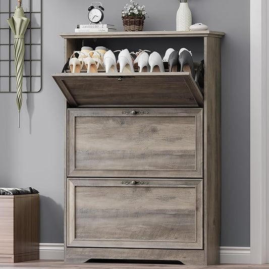 3 Flips Shoe Cabinet for Entryway, Narrow Shoe Storage Cabinet with Adjustable Shelves, Wooden Space-Saving Organizer and Rack for Foyer, Closet, Hallway