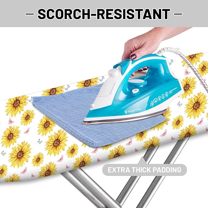 Extra Thick Ironing Board Cover and Pad, Summer Sunflowers 15x54 Ironing Board Cover, Resist Scorching and Staining,Elastic Edges,Farmhouse Spring Summer Yellow Flowers Butterfly