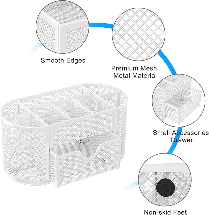 EasyPAG Mesh Desk Organizer, Multi-functional Stationery Organizer for School Supplies, Office Pen Holder for Desk, 9 Compartments Dorm Organization with Drawer, White