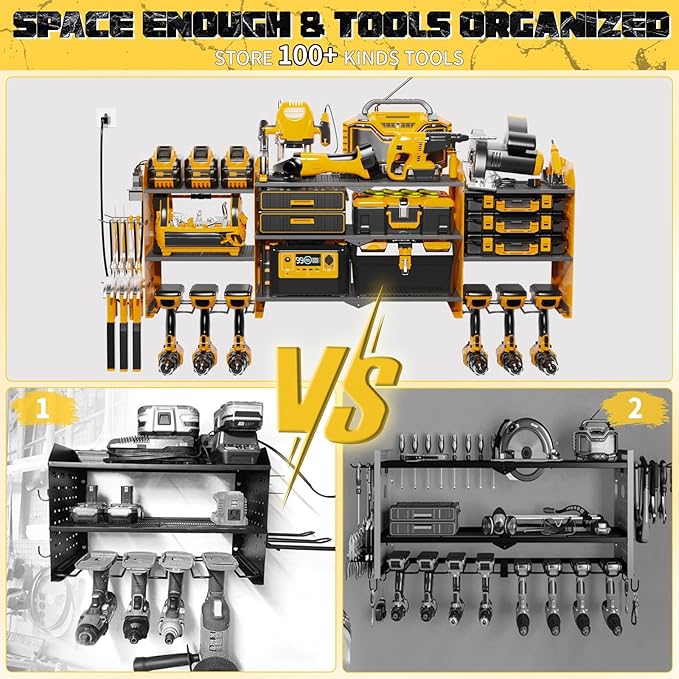 45" Large Power Tool Organizer Wall Mount with Charging Station - 3 Layer Storage Racks with 8 Cordless Drill Holder, 4 Hooks, Heavy Duty Garage Tool Organizer Storage for Workshop Pegboard Basement