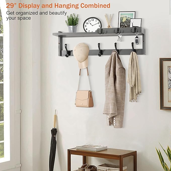 29'' Coat Rack Wall Mount with Shelf, Coat Hanger with Key Hooks and Mail Holder, Wood Entryway Wall Floating Shelf with Hooks and Storage, Hat Rack Key Holder Mail Organizer