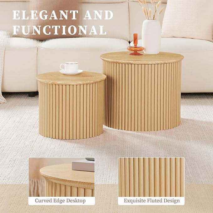 Fluted Round Nesting Coffee Table Set of 2, Small Coffee Table Circle Side Table, Boho Modern Wood Nesting Table Farmhouse End Tables Set for Living Room, Bedroom, Small Spaces(Natural)