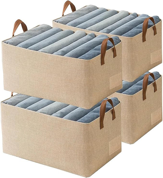 AARAINBOW 4 Pcs Closet Clothes Organizer with Handle, Closet Shelf Fabric Storage Box Steel Frame, Stackable Shelf Storage Baskets Foldable Wardrobe Organizer Baskets for Clothes Toys, 23L (4 Beige)-NeatNest