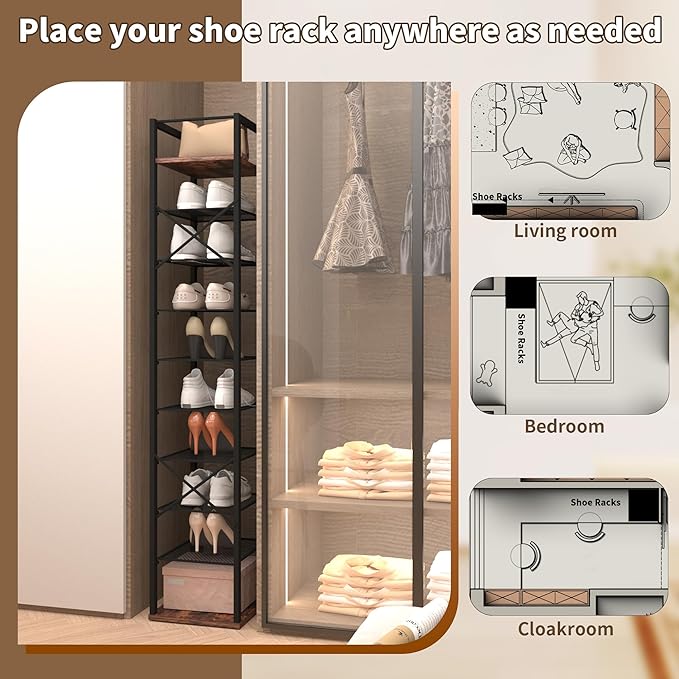 10 Tier Vertical Shoe Rack, Narrow Shoe Storage Organizer with Hooks, Slim Corner Shoe Tower Rack, Adjustable Tall Shoes Shelf, Entryway Living Room Bedroom, Rustic Brown-NeatNest