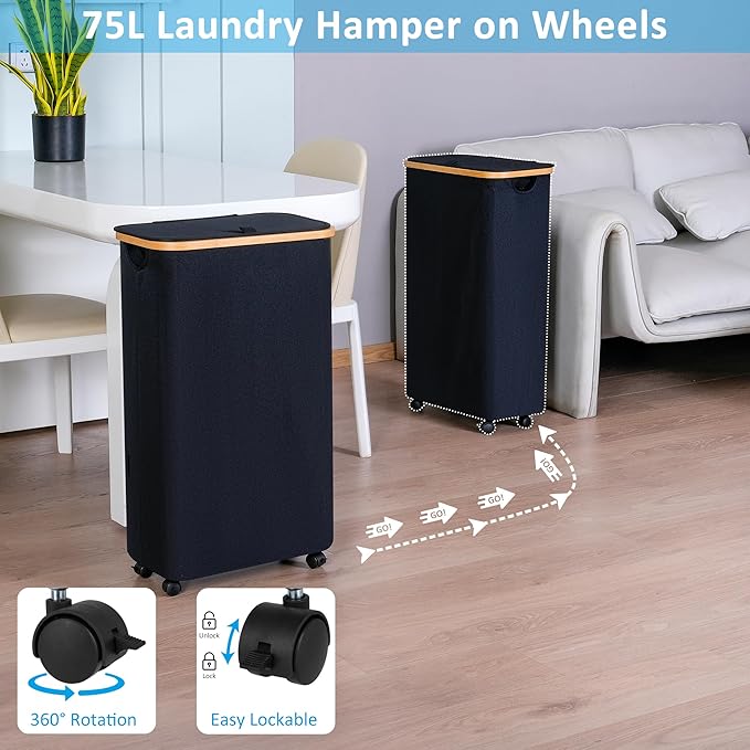 efluky Slim Laundry Basket with Wheels, Narrow Rolling Laundry Hamper with Lid and Removable Bag, Aesthetic Dirty Clothes Hamper on Wheels for Laundry Room, Bedroom, Dorm and Bathroom, 75L Dark Black-NeatNest