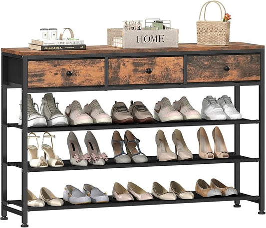 usikey 4 Tier Shoe Rack with 3 Drawers & 3 Fabric Shelves, Holds 15-18 Pairs, Metal Shoe Storage with Wood Top, Shoe Organizer for Entryway, Closet, Apartment, Rustic Brown-NeatNest