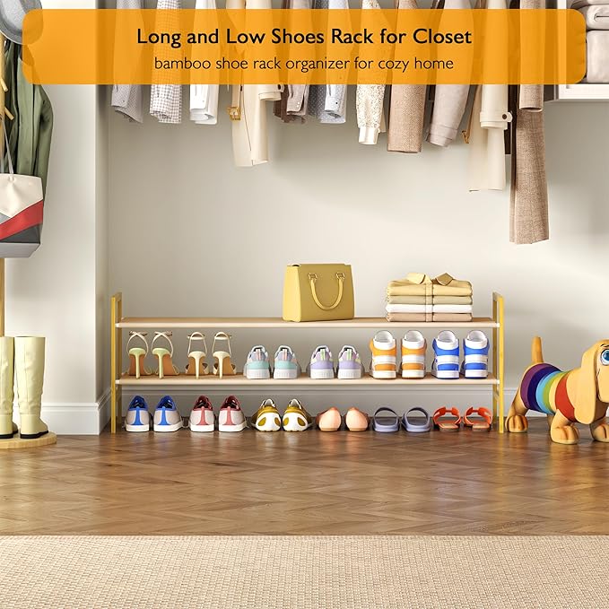 Long Shoe Rack for Closet Floor,2 Tier Wide Shoes Shelf Organizer,15-18 Pairs Bamboo Low Closet Shoe Stand Holders,Modern Sturdy Shoe Storage Rack for Entryway,49” x 11” x 17”-NeatNest